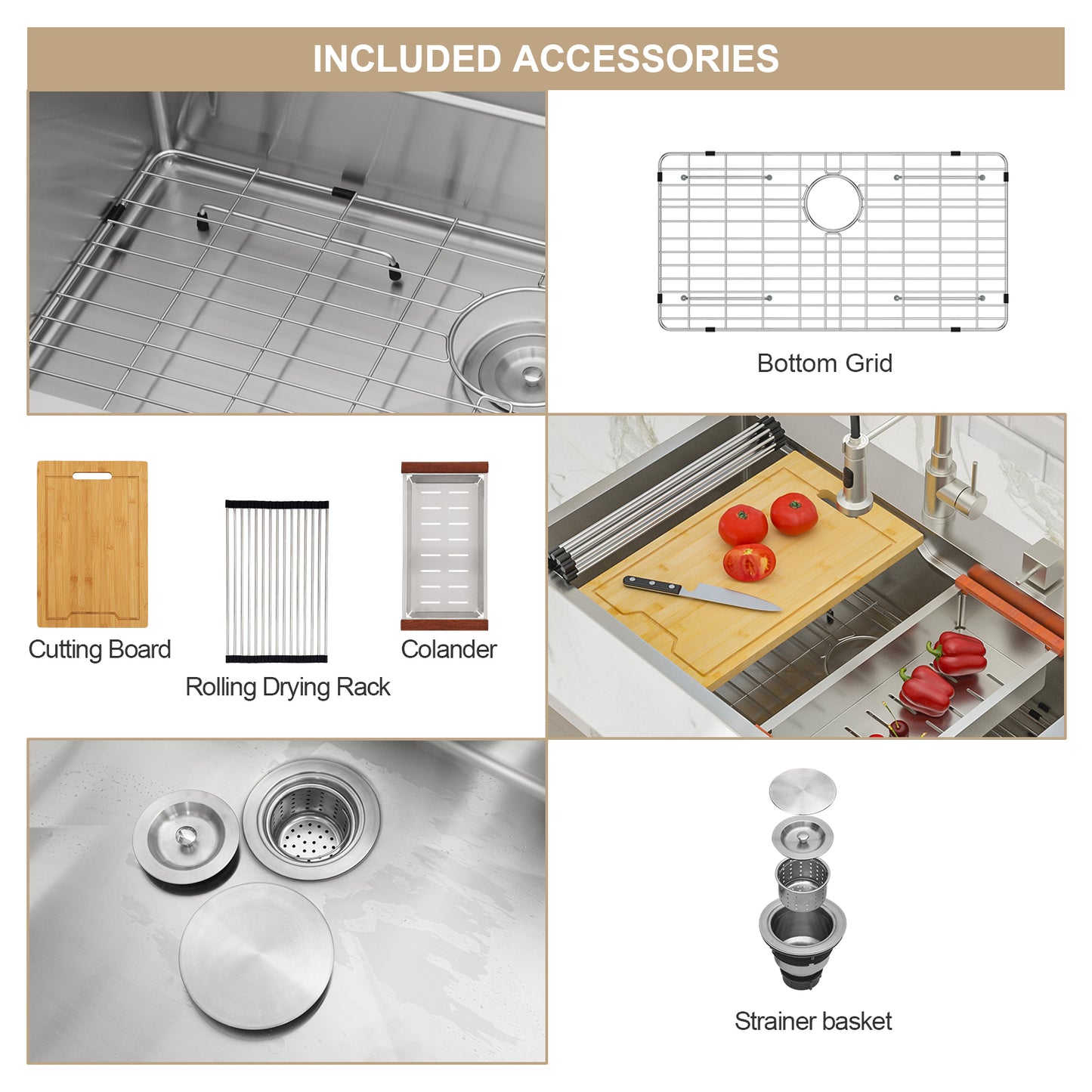 Kichae 33 x19 Inch Drop In Worksation Kitchen Sink Single Bowl Stainless Steel Sink Topmount Z-Shape Single-Tier Track Design Workstation Sink with Cutting Board and Colander