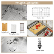 Kichae 33x22 Drop?In Workstation Kitchen Sink T304 16?Gauge Stainless Steel Single Bowl Z?Shape Topmount Sink with Accessories Kichae USA