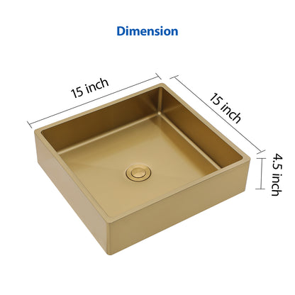 Kichae Stainless Steel Gold Vessel Sink Rectangular 15in x 15in Bathroom Vanity Sink Rectangular Above Couter Art Basin