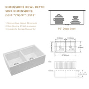 Kichae 33 Inch White Fireclay Farmhouse Workstation Sink Double Bowl Apron Front Kitchen Sink with Full Accessories Kichae USA