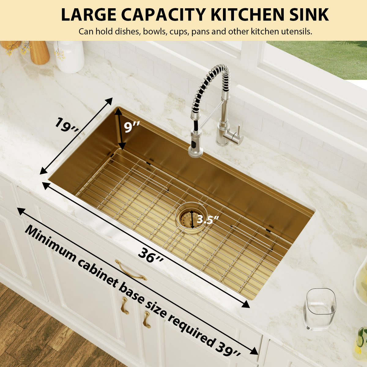 Kichae 36 Inch Gold Undermount Workstation Kitchen Sink 16 Gauge T304 Stainless Steel