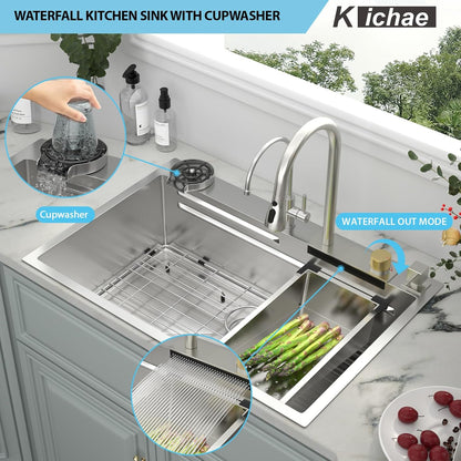 Kichae Waterfall Kitchen Sink Drop In - Kitchen Sink 33x22 Drop In Waterfall with Hot & Cold Water Stainless Steel 16 Gauge Handmade Single Bowl Workstation Sink with Faucet Combo & Glass Rinser