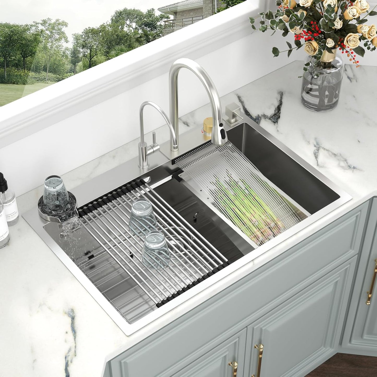 Kichae Waterfall Kitchen Sink Drop In - Kitchen Sink 33x22 Drop In Waterfall with Hot & Cold Water Stainless Steel 16 Gauge Handmade Single Bowl Workstation Sink with Faucet Combo & Glass Rinser