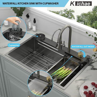 Kichae 33 Black Kitchen Sink Drop In Waterfall - 33x22 Drop Sink Stainless Steel 16G Single Bowl Waterfall Kitchen Sink Workstation Handmade with Faucet & Glass Rinser