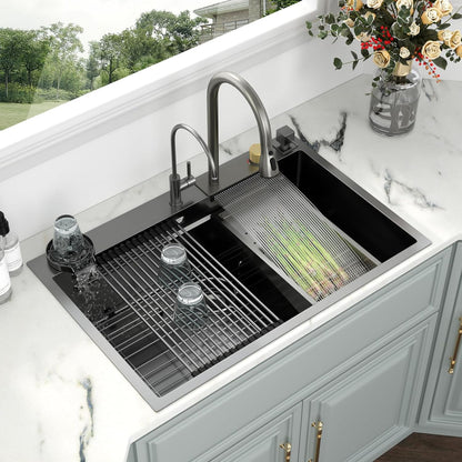 Kichae 33 Black Kitchen Sink Drop In Waterfall - 33x22 Drop Sink Stainless Steel 16G Single Bowl Waterfall Kitchen Sink Workstation Handmade with Faucet & Glass Rinser