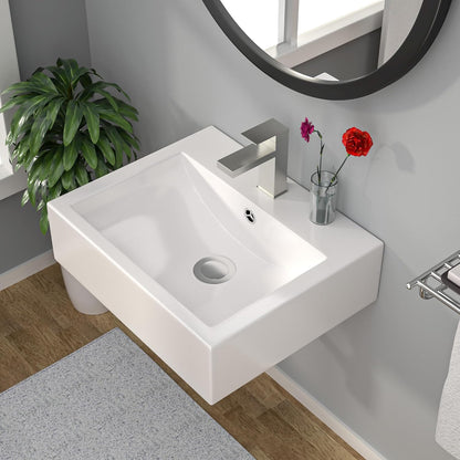 Kichae Wall Mount Vessel Sink - 21in  x 16in  Rectangle Wall Mounted Bathroom Sink White Wall Hung Porcelain Sink With Overflow Ceramic Basin Floating Lavatory Sink