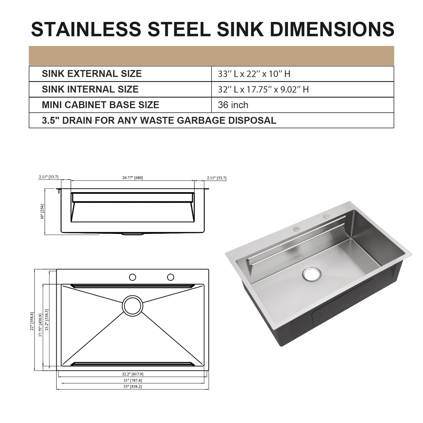 Kichae 33x22 Inch Drop In Patent Double Ledges Design Workstation Sink