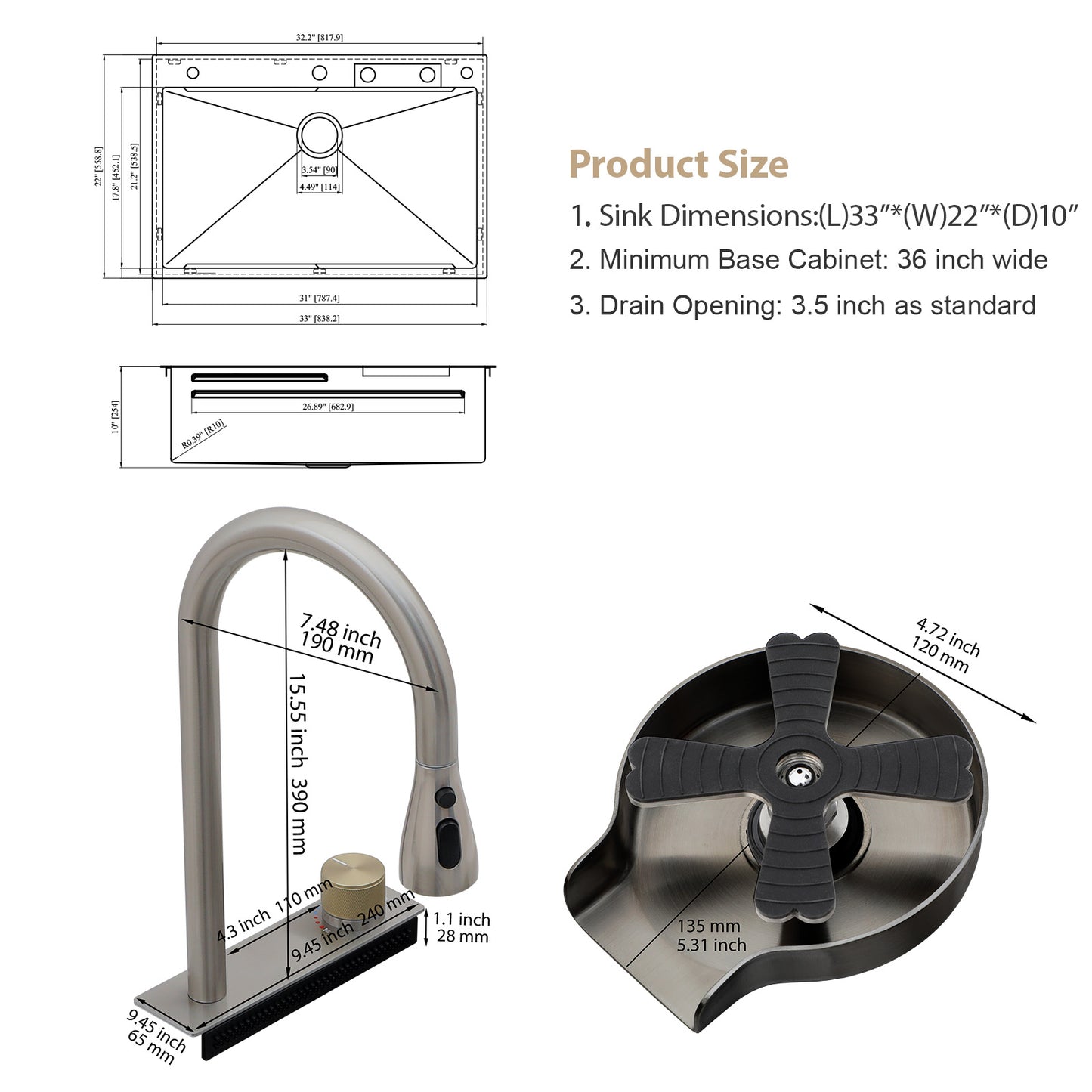 Kichae 33in  Drop In Kitchen Sink Waterfall Stainless Steel Sink Single Bowl 16 Gauge Workstation Sink Topmount Kitchen Sink With Faucet Combo And Cup Washer