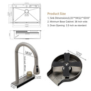 Kichae 33in  Drop In Kitchen Sink Waterfall Stainless Steel Sink Single Bowl 16 Gauge Workstation Sink Topmount Kitchen Sink With Faucet Combo And Cup Washer Kichae USA