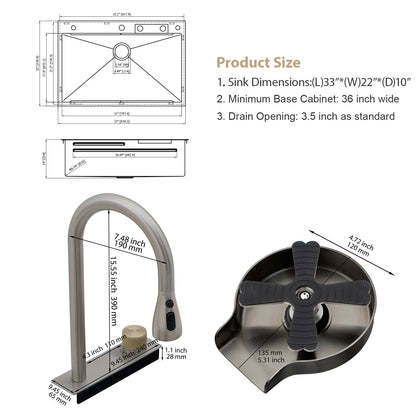 Kichae 33in  Drop In Kitchen Sink Waterfall Stainless Steel Sink Single Bowl 16 Gauge Workstation Sink Topmount Kitchen Sink With Faucet Combo And Cup Washer