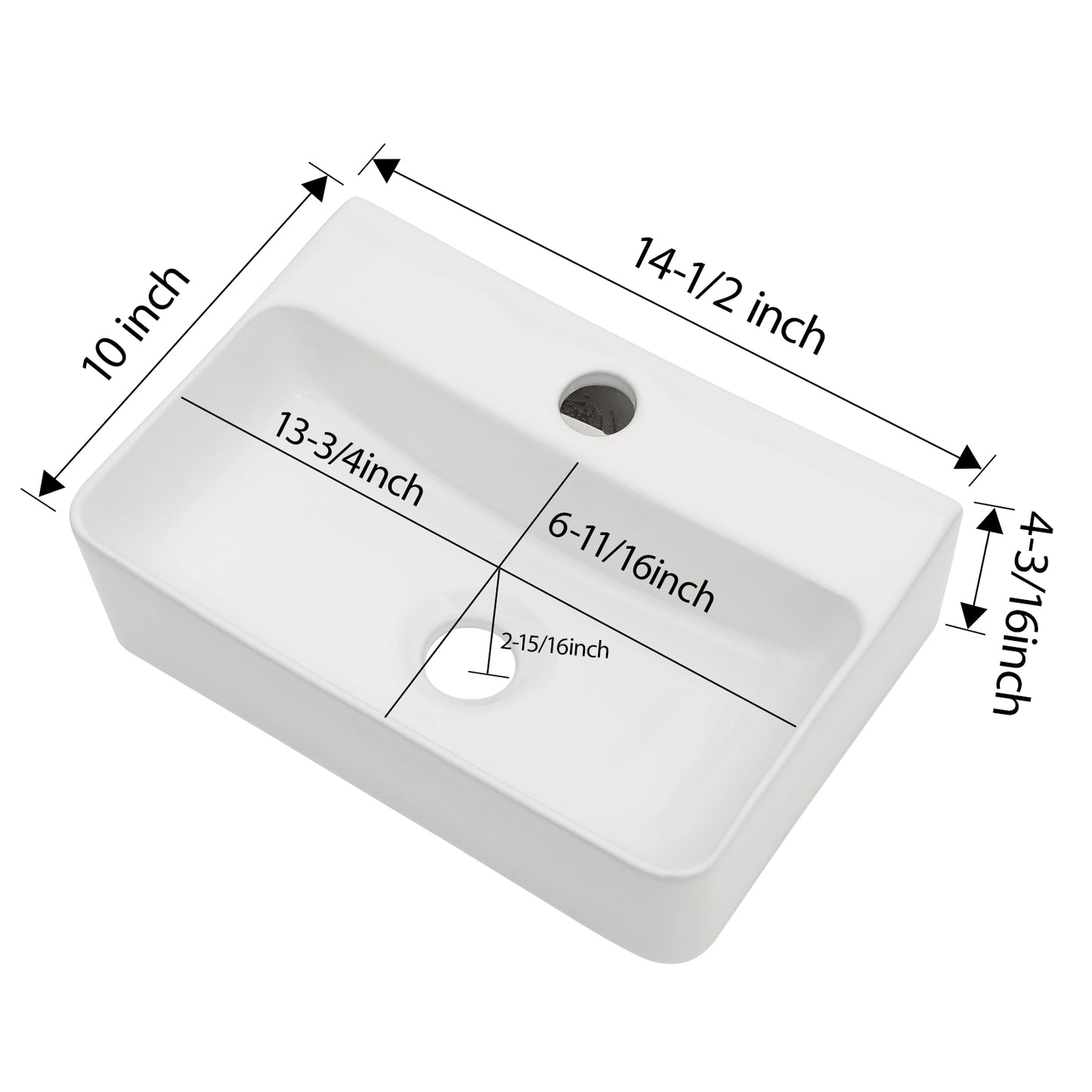 Kichae 14'' x10'' White Wall‑Mount Floating Vessel Sink Rectangular Ceramic Bathroom Vanity Sink with Faucet Hole