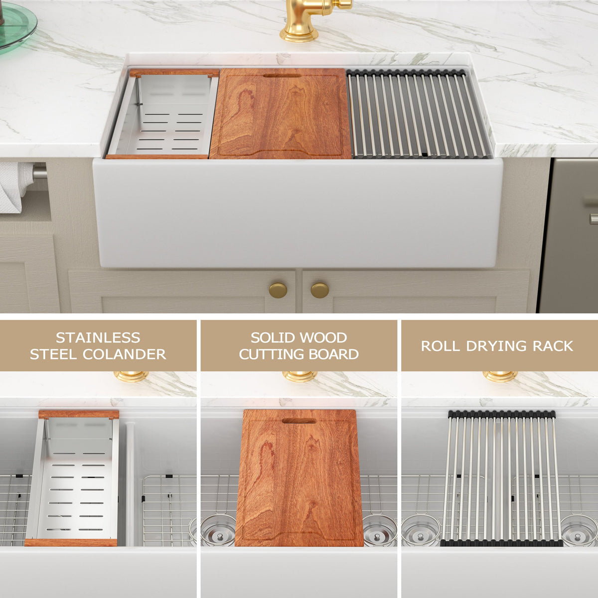 Kichae 33 Inch White Fireclay Farmhouse Workstation Sink Double Bowl Apron Front Kitchen Sink with Full Accessories Kichae USA