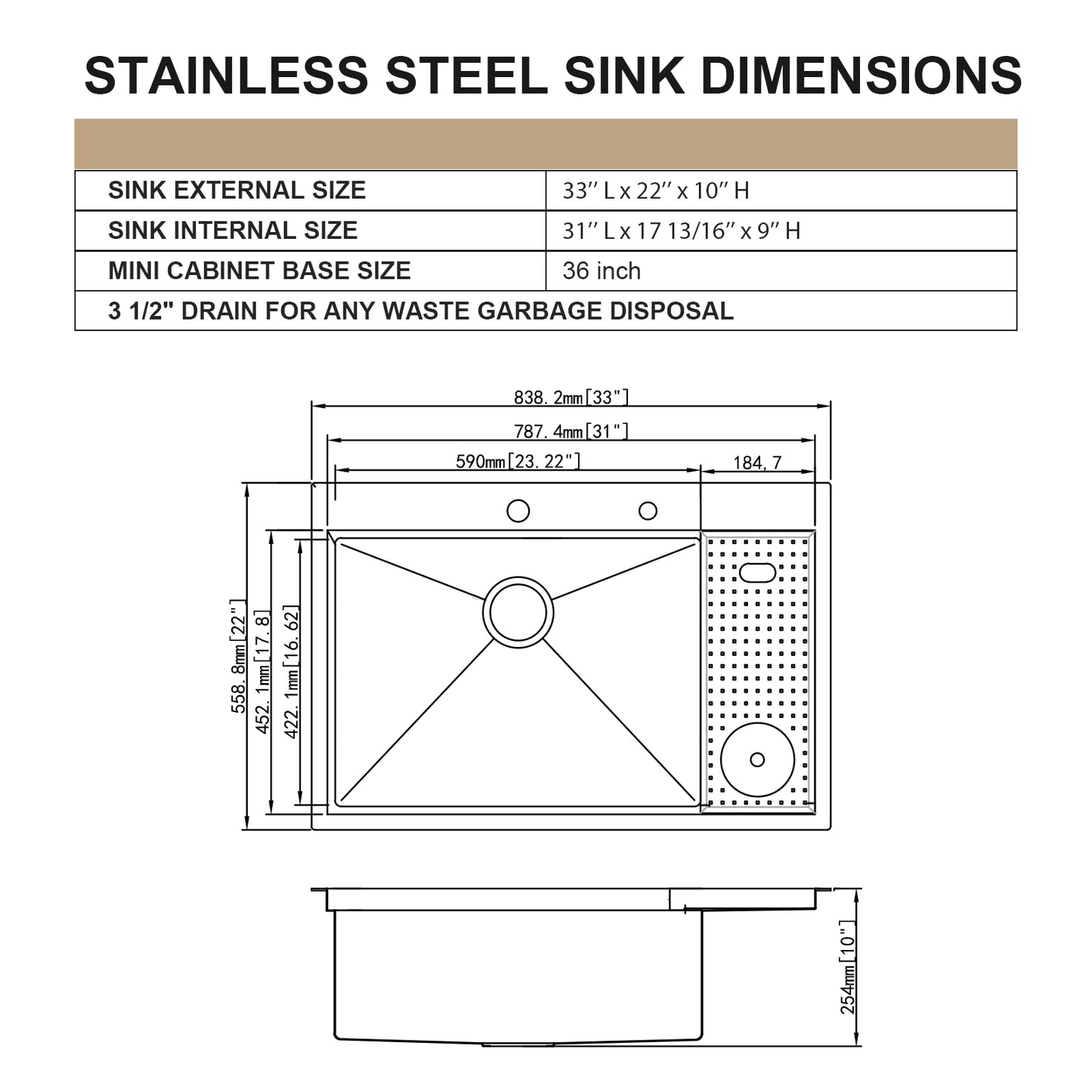 33in  Drop In Kitchen Sink Workstation with Cup Washer-Kichae 33x22 Inch Drop In Kitchen Sink Stainless Steel Workstation Sinks 16 Gauge Single Bowl Kitchen Sink with Glass Rinser with Cutting Board