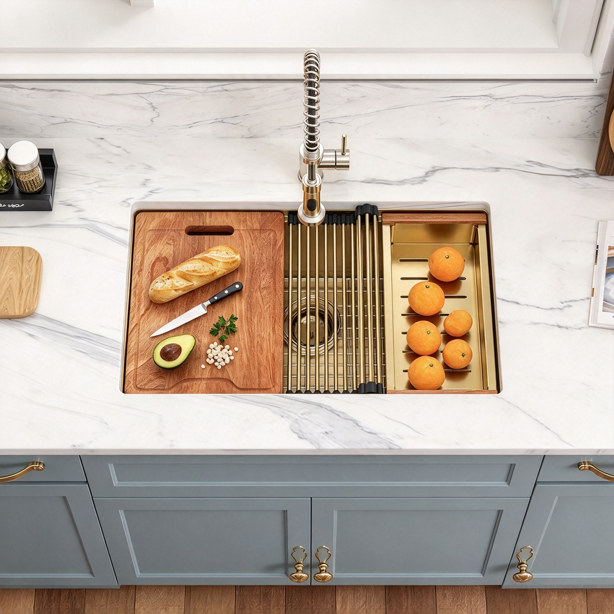 Kichae 30x19 Inch Gold Undermount Workstation Kitchen Sink 16 Gauge Stainless Steel Single Bowl Kitchen Sink With Full Accessories