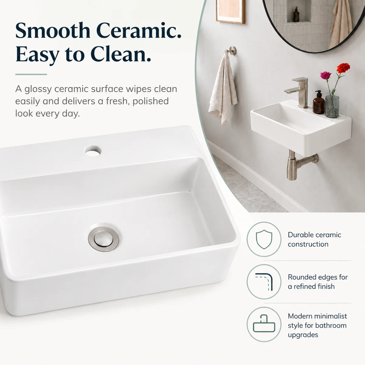 Kichae 14'' x10'' White Wall Mount Floating Vessel Sink Rectangular Ceramic Bathroom Vanity Sink with Faucet Hole