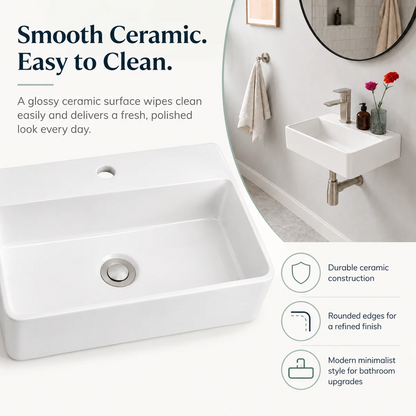 Kichae 14'' x10'' White Wall Mount Floating Vessel Sink Rectangular Ceramic Bathroom Vanity Sink with Faucet Hole