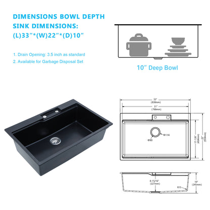 Quartz 33in X 22in Granite Composite Drop In Kitchen Sink Workstation Waterfall Single Bowl Sink-Black