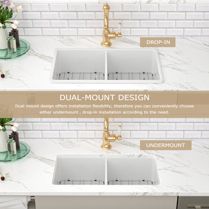Kichae 32 Inch White Fireclay Dual Mount Kitchen Sink 50/50 Double Bowl Basin