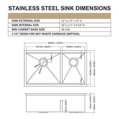 Kichae 33 Inch Undermount Kitchen Sink Workstation Double Bowl 60/40 Sink Low Divide 16-Gauge Stainless Steel Kitchen Sink with Cutting Board and Colander