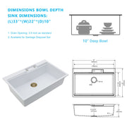 Kichae 33'' x 22'' White Granite Composite Drop In Workstation Single Bowl Kitchen Sink Kichae USA
