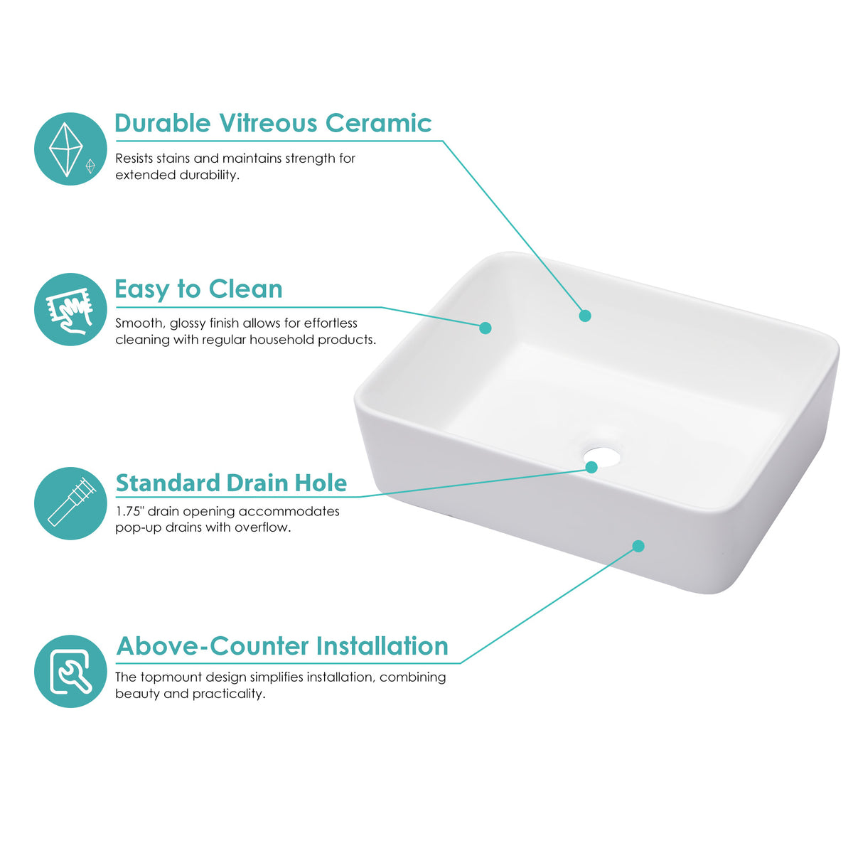Kichae 19x15 Inch White Ceramic Rectangular Vessel Bathroom Sink Above Counter Vanity Basin