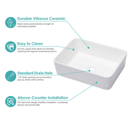 Kichae 19x15 Inch White Ceramic Rectangular Vessel Bathroom Sink Above Counter Vanity Basin