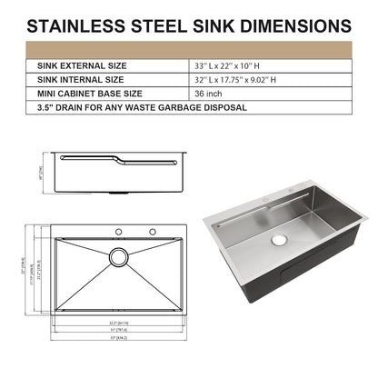 Kichae 33 x19 Inch Drop In Worksation Kitchen Sink Single Bowl Stainless Steel Sink Topmount Z-Shape Single-Tier Track Design Workstation Sink with Cutting Board and Colander