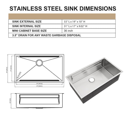 Kichae Undermount Kitchen Sink 33 Inch Stainless Steel Undermount Kitchen Sinks 16 Gauge Single Bowl Workstation Large Sinks 33 x19 Inch Double Ledges Design Workstation Sink