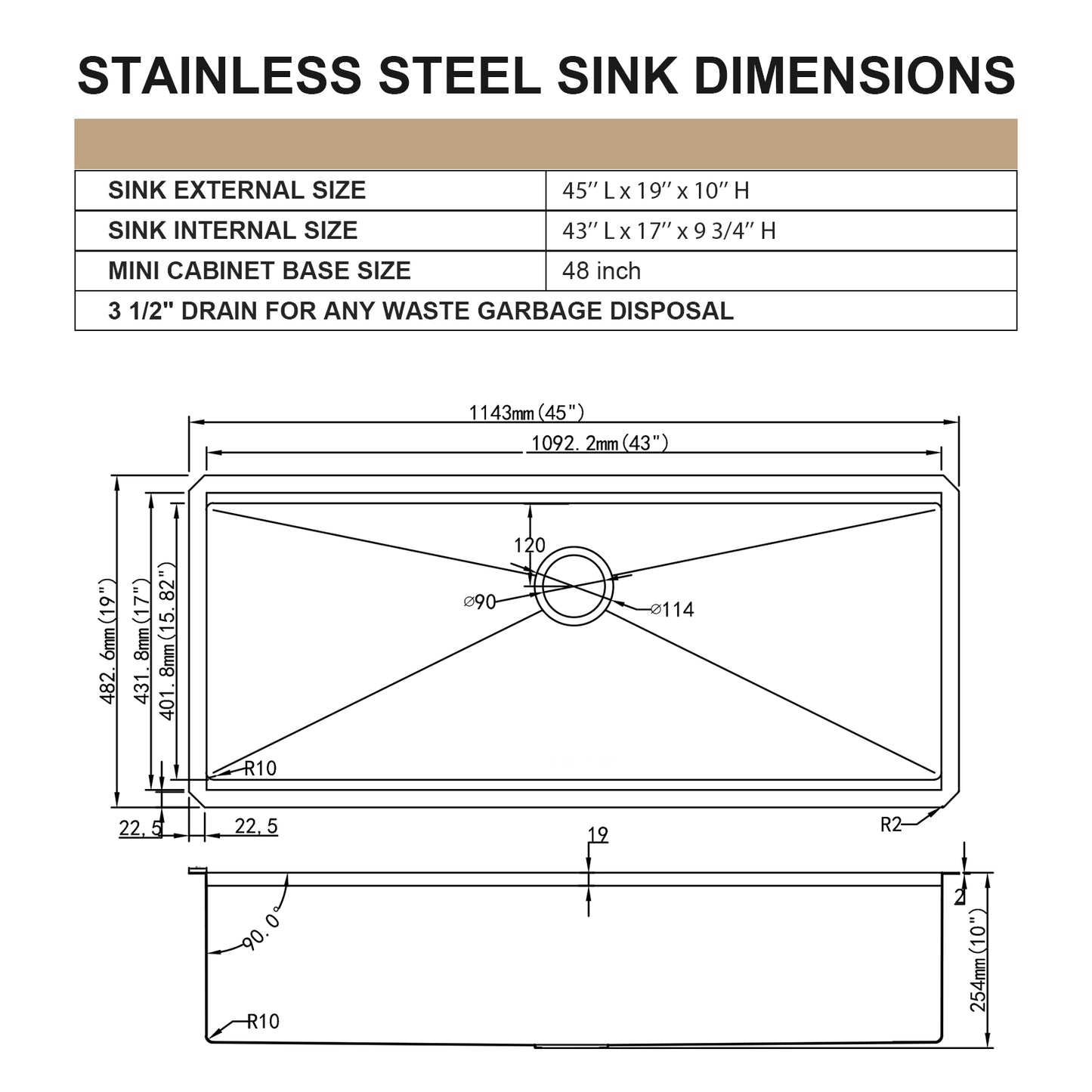 45-inch Undermount Workstation Kitchen Sink - 45x19 Inch Undermount Sink Ledge Workstation Deep Single Bowl 16 Gauge Stainless Steel Under Counter Extra Large Kitchen Sink Basin