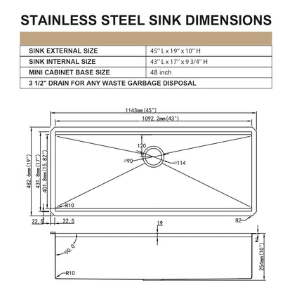 45-inch Undermount Workstation Kitchen Sink - 45x19 Inch Undermount Sink Ledge Workstation Deep Single Bowl 16 Gauge Stainless Steel Under Counter Extra Large Kitchen Sink Basin