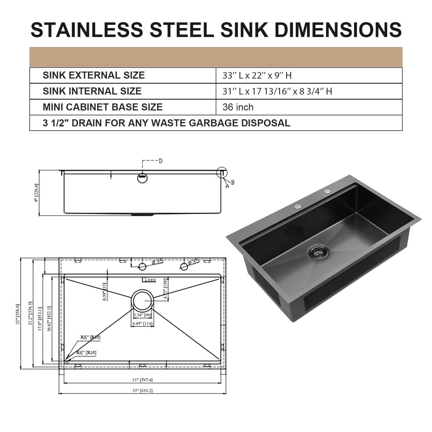 Kichae Black Kitchen Sink 33 x 22 Inch Drop-in Workstation Kitchen Sink Stainless Steel Single Bowl Kitchen Sink Topmount Sink