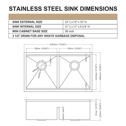 Kichae 33 Inch Undermount Kitchen Sink Double Bowl 50/50 Sink Low Divided Sink 16 Gauge Stainless Steel Kitchen Sink