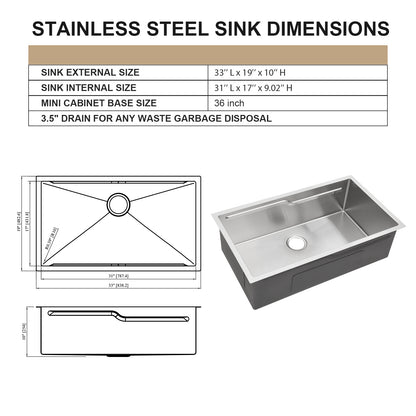 33 Inch Undermount Kitchen Sink 16 Gauge Stainless Steel Kitchen Sink Single Bowl Kitchen Sink Workstation Sink with Z-Shape Single-Tier Track