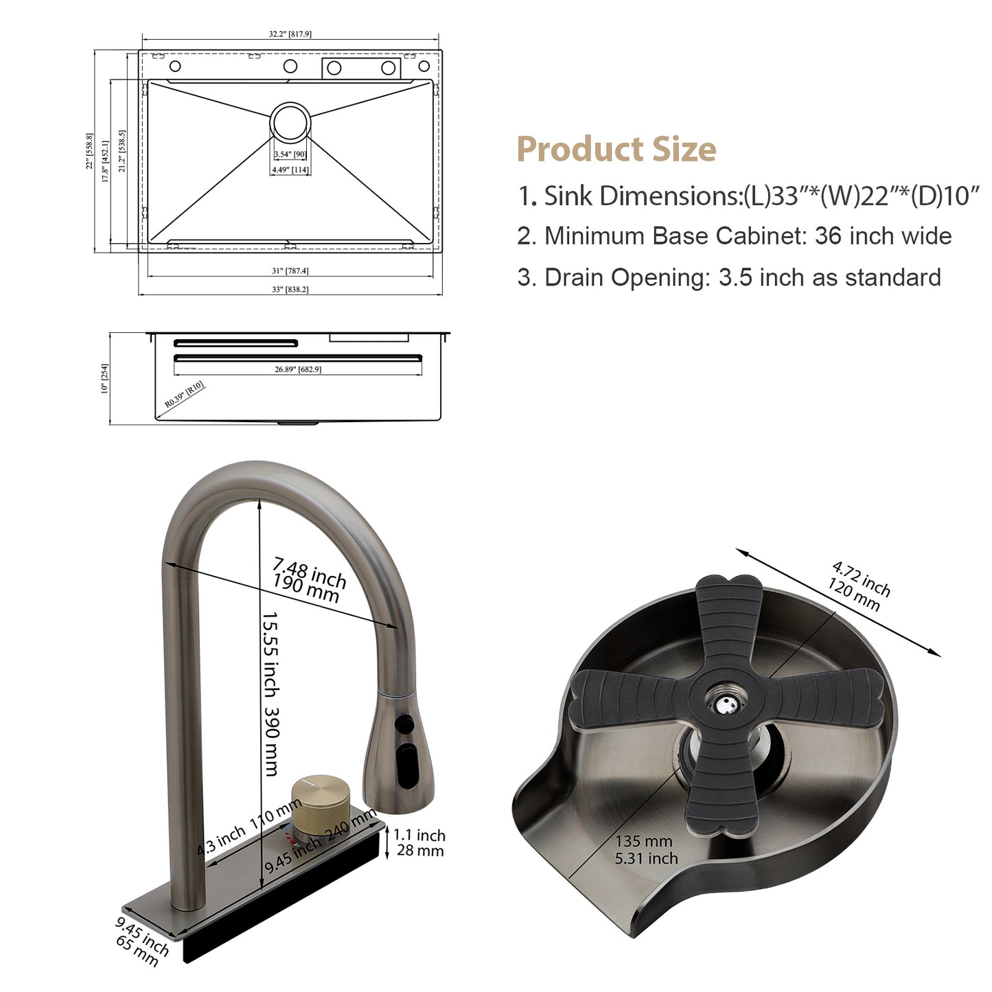 Kichae 33 Inch Drop In Kitchen Sink Waterfall Stainless Steel Single Bowl 16 Gauge Gunmetal Black Workstation Sink With Faucet Combo And Cup Washer Topmount Kitchen Sink