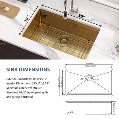 Kichae 30x19 Inch Gold Undermount Workstation Kitchen Sink 16 Gauge Stainless Steel Single Bowl Kitchen Sink With Full Accessories