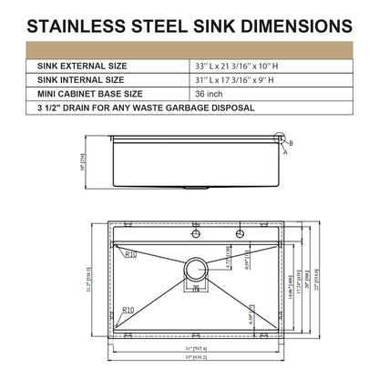 33 x 22 Inch Drop-in Workstation Kitchen Sink Stainless Steel Single Bowl Kitchen Sink Topmount Sink