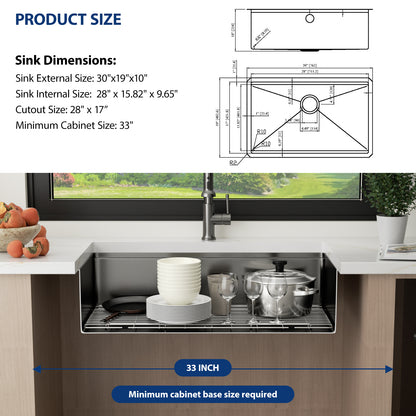Kichae 30'' x 19'' Gunmetal Black Undermount Workstation Kitchen Sink 16 Gauge Stainless Steel Single Bowl Sink with Full Workstation Accessories