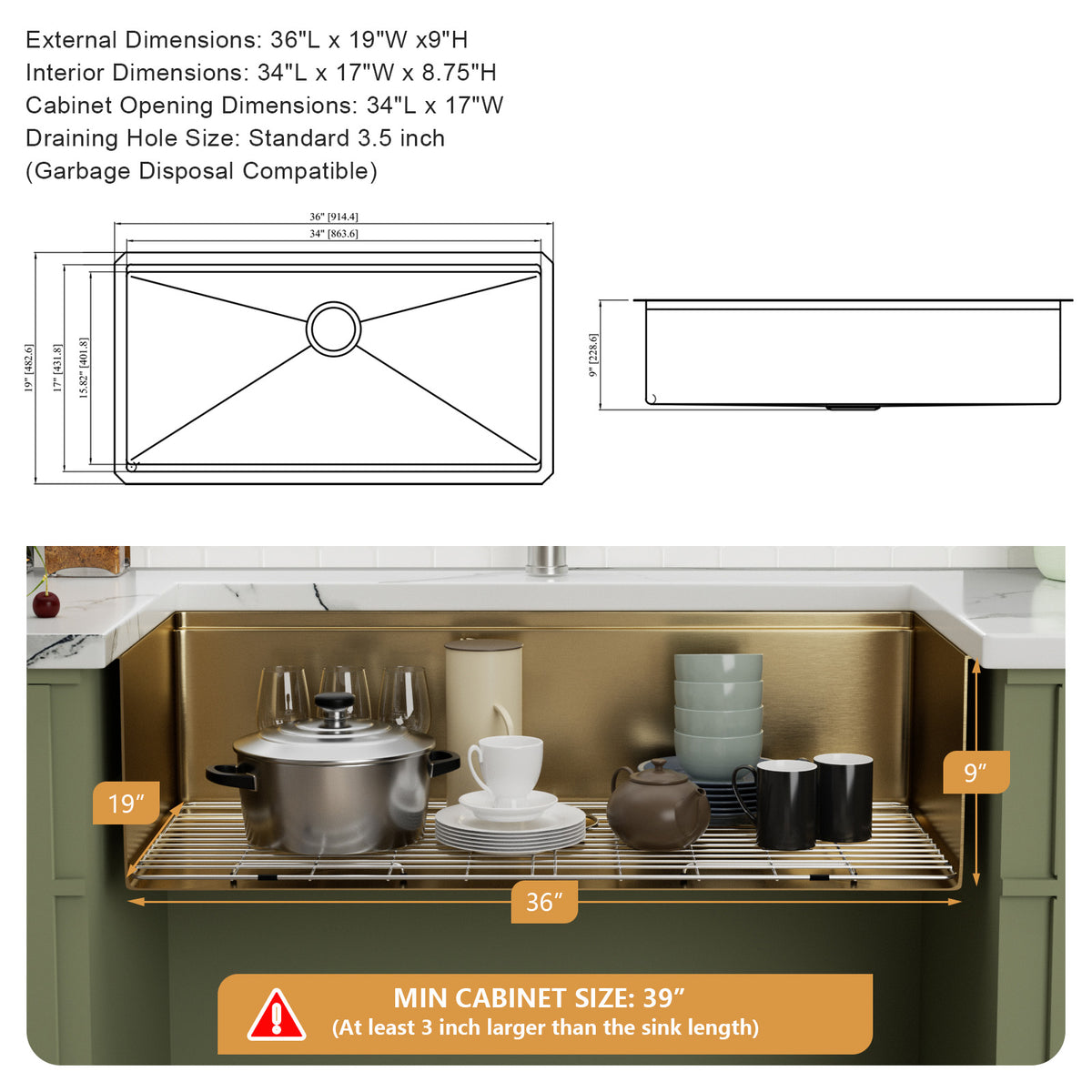Kichae 36 Inch Gold Undermount Workstation Kitchen Sink 16 Gauge T304 Stainless Steel