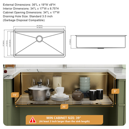 Kichae 36 Inch Gold Undermount Workstation Kitchen Sink 16 Gauge T304 Stainless Steel