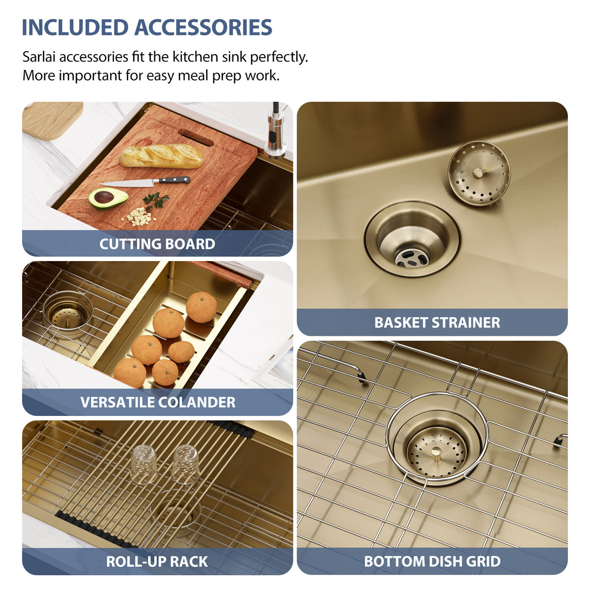 Kichae 30x19 Inch Gold Undermount Workstation Kitchen Sink 16 Gauge Stainless Steel Single Bowl Kitchen Sink With Full Accessories