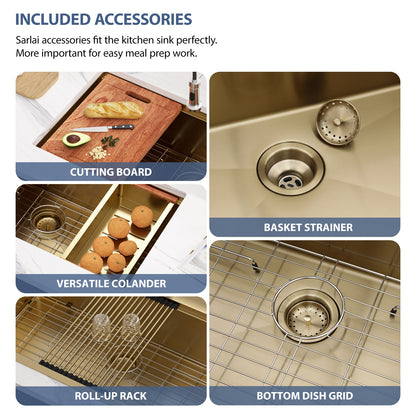 Kichae 30x19 Inch Gold Undermount Workstation Kitchen Sink 16 Gauge Stainless Steel Single Bowl Kitchen Sink With Full Accessories
