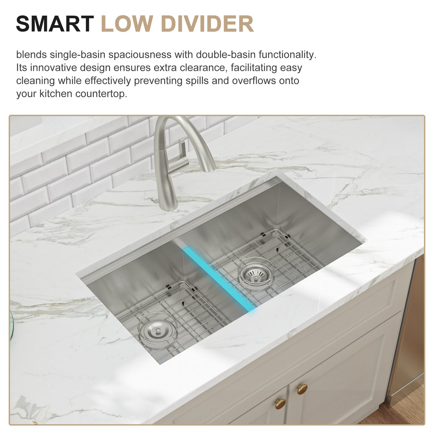 Kichae 33 Inch Undermount Kitchen Sink Double Bowl 50/50 Sink Low Divided Sink 16 Gauge Stainless Steel Kitchen Sink