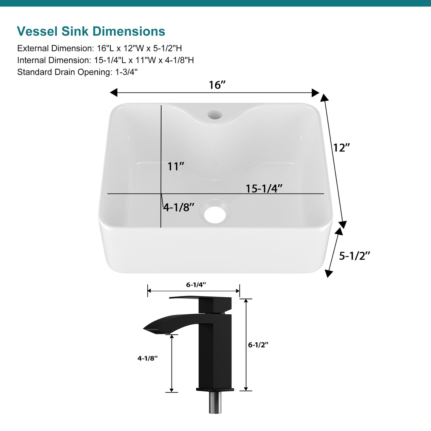 Kichae 16×12 Inch White Rectangular Ceramic Vessel Sink Complete Set with Matte Black Faucet, Pop-Up Drain & Supply Lines