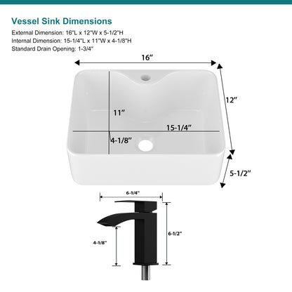 Kichae 16×12 Inch White Rectangular Ceramic Vessel Sink Complete Set with Matte Black Faucet, Pop-Up Drain & Supply Lines