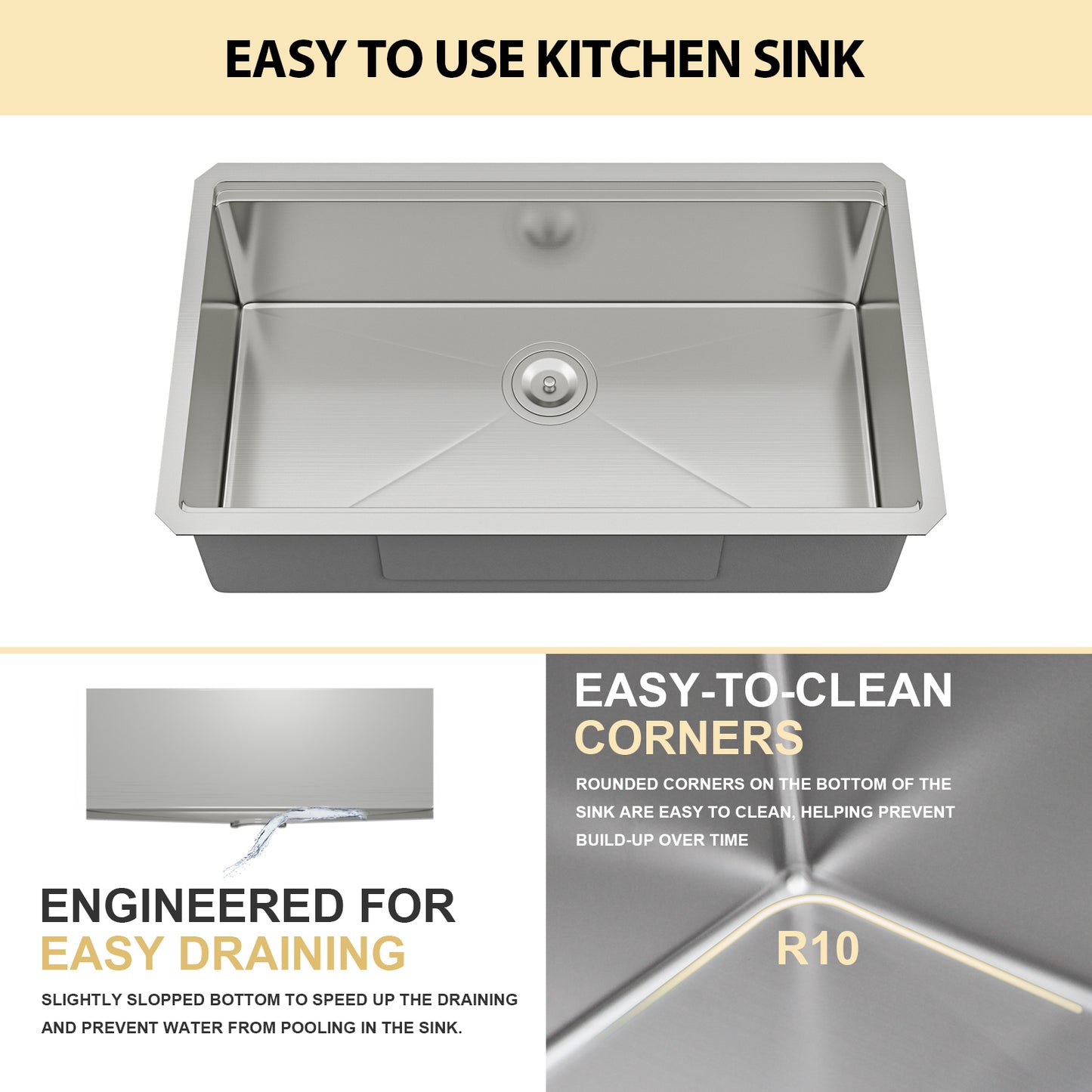 Kichae 32 Inch Undermount Workstation Kitchen Sink 16‑Gauge Stainless Steel Single Bowl Sink with Cutting Board and Colander