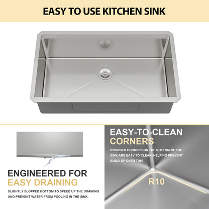 Kichae 32 Inch Undermount Workstation Kitchen Sink 16‑Gauge Stainless Steel Single Bowl Sink with Cutting Board and Colander