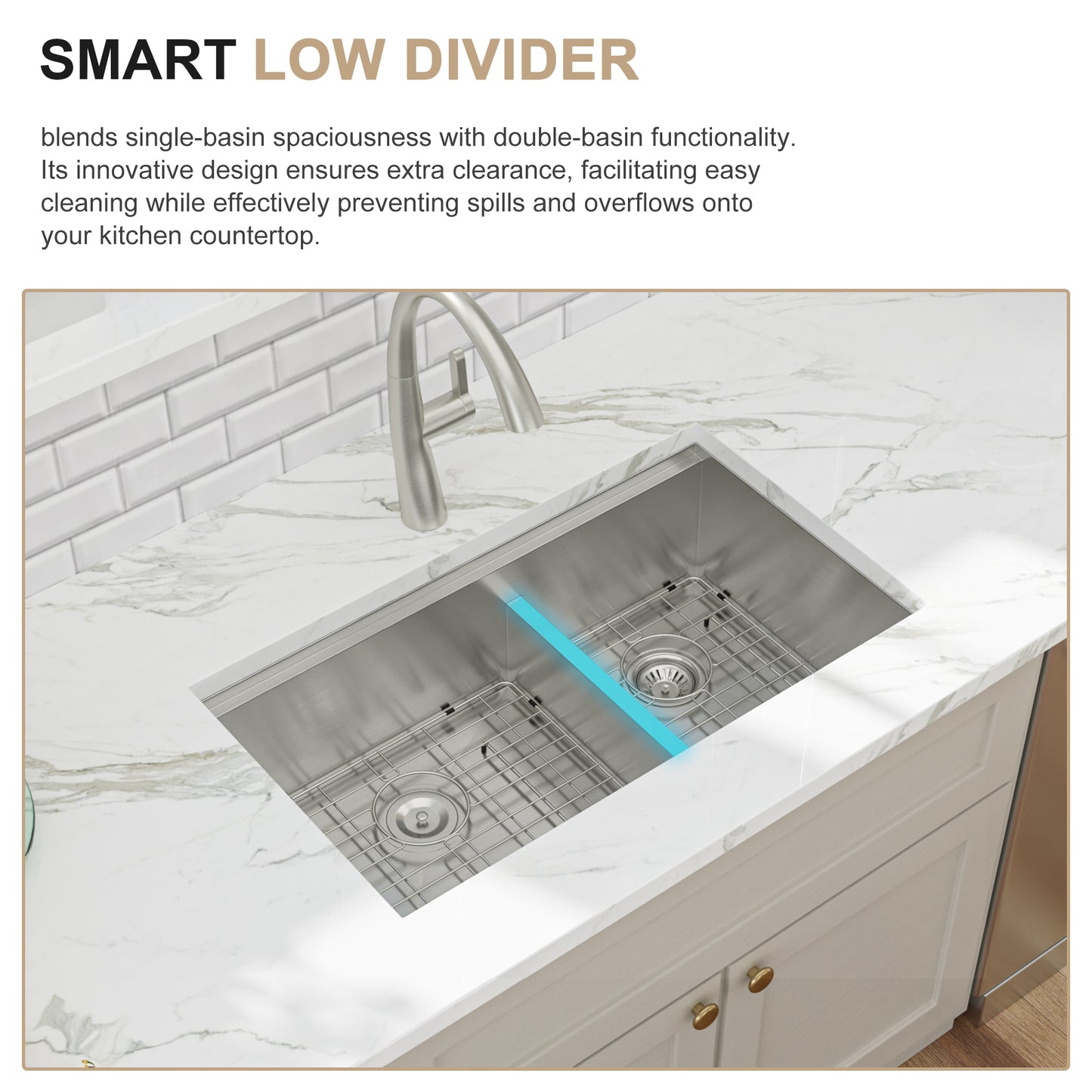 Kichae 33 Inch Undermount Kitchen Sink Workstation Double Bowl 60/40 Sink Low Divide 16-Gauge Stainless Steel Kitchen Sink with Cutting Board and Colander