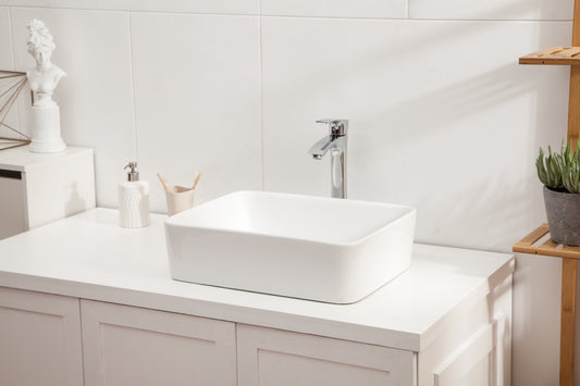 19in W X 14-1/2in D Bathroom Vessel Sink with Sink Faucet Above Counter White Ceramic Modern Classic