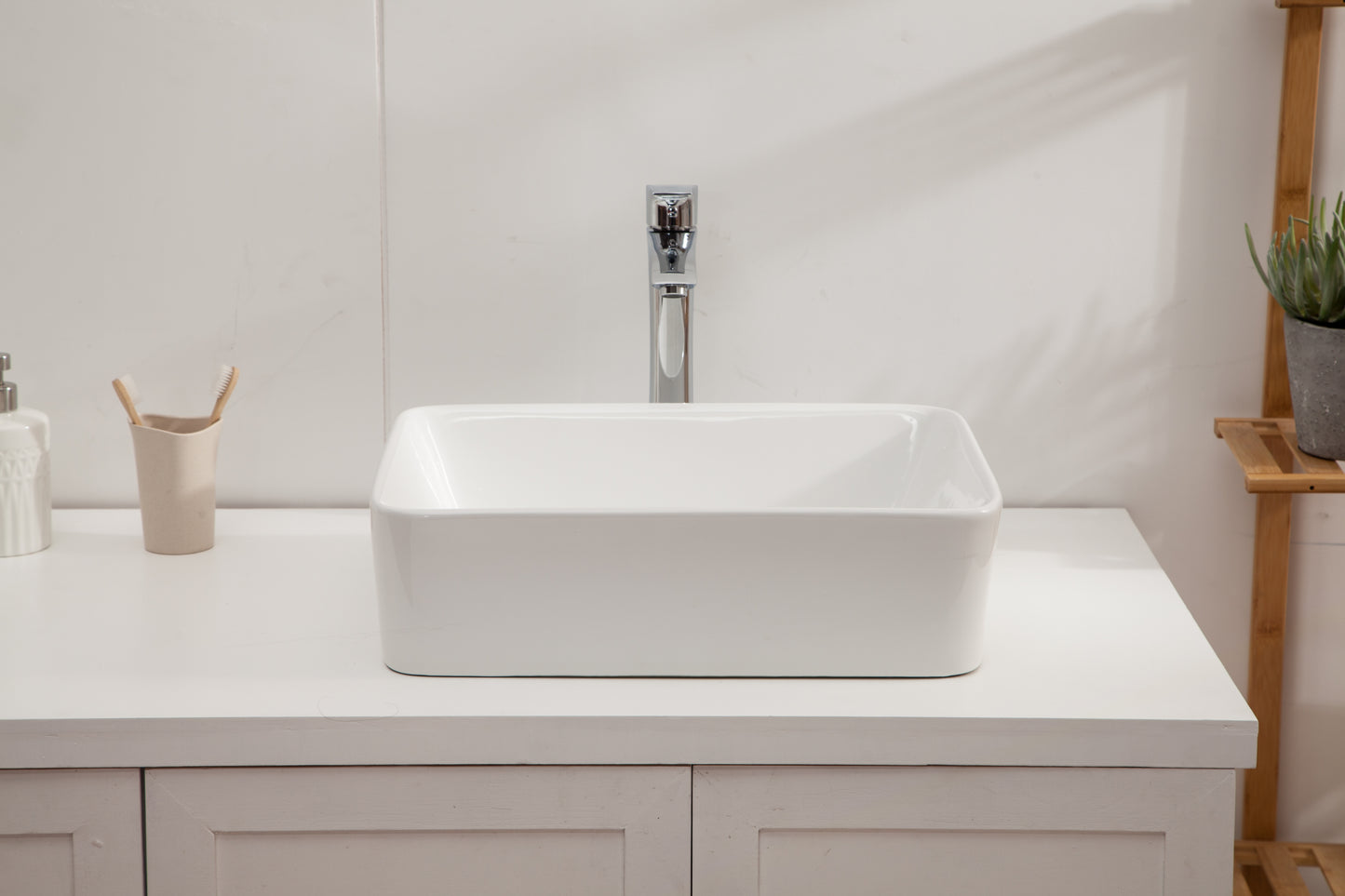 19in W X 14-1/2in D Bathroom Vessel Sink with Sink Faucet Above Counter White Ceramic Modern Classic