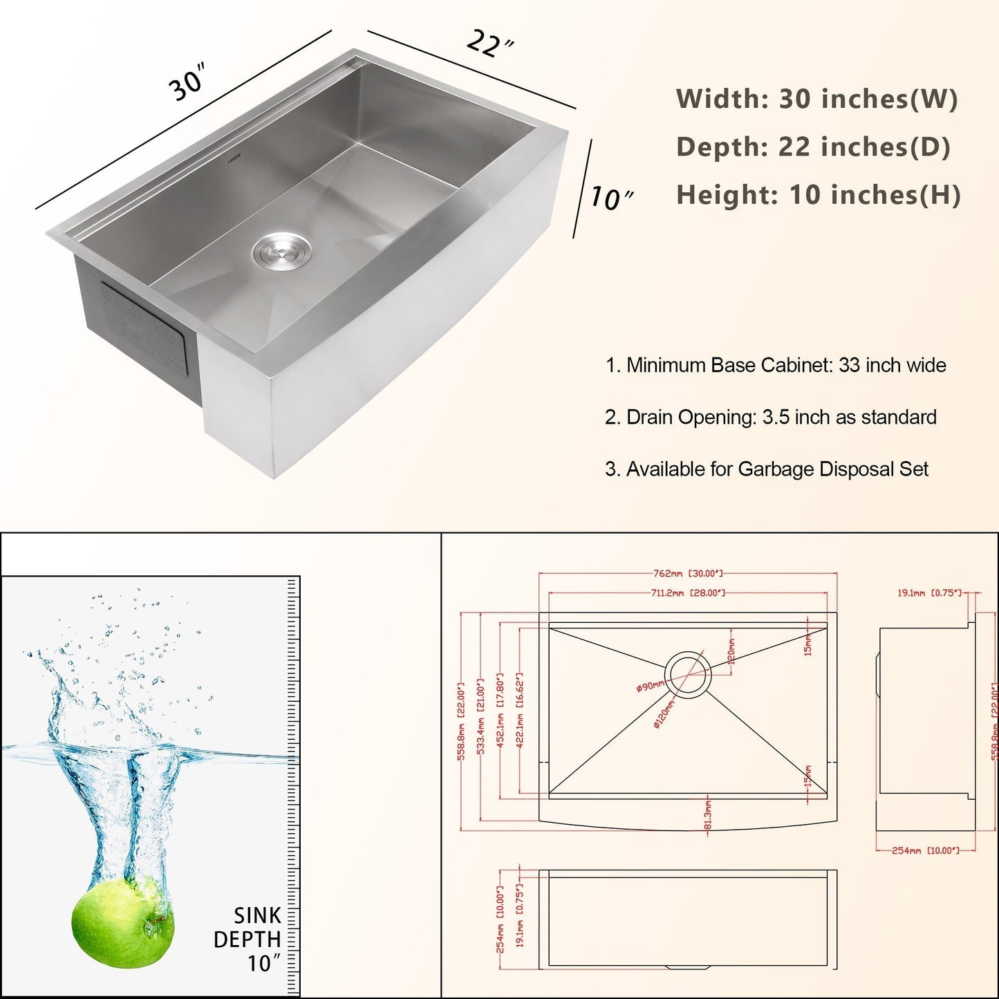 30in W x 22in D Farmhouse Kitchen Sink Workstation Stainless Steel Single Bowl 16 Gauge Apron Front  from Kichae